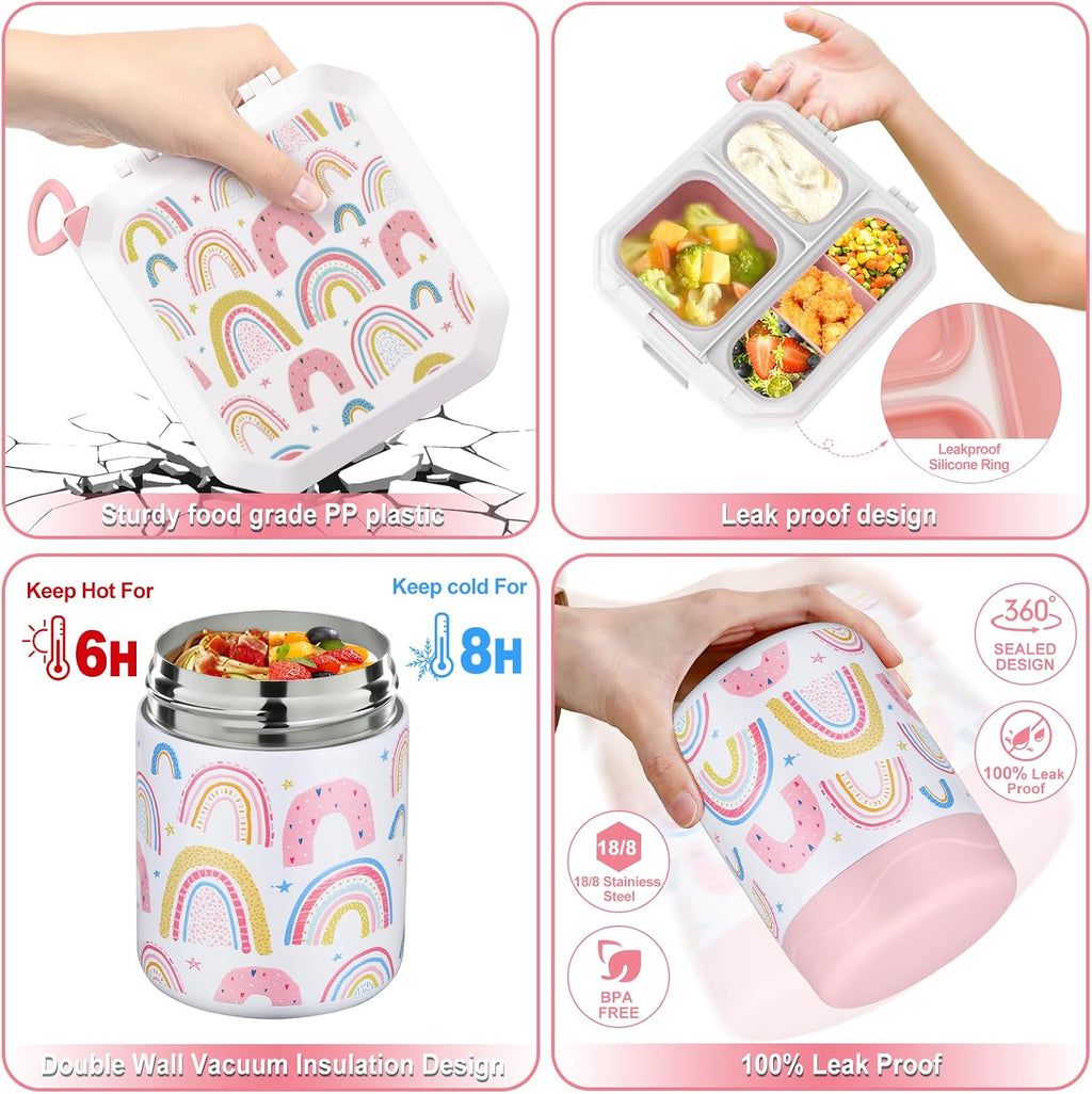 wiwens Caja de Almuerzo Bento para Niños con Termo de Sopa de 12 oz a Prueba de Fugas, Contenedor de Comida para Almuerzo con 5 Compartimentos, Frasco Térmico para Comida Caliente y Bolsa de Almuerzo