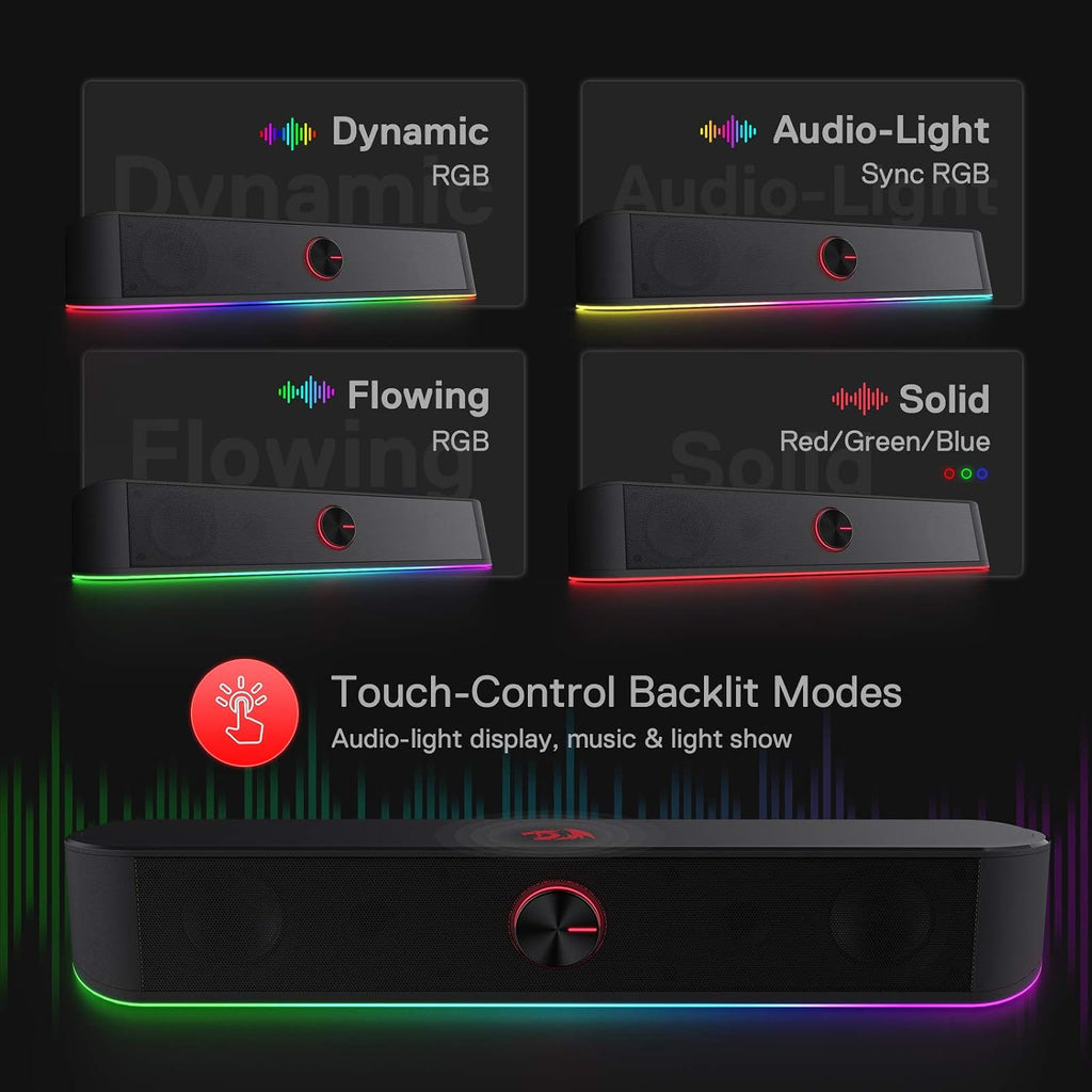 Redragon GS560 RGB Barra de sonido de escritorio, altavoz de computadora de 2.0 canales con barra de iluminación dinámica sincronizada con audio-luz/pantalla, retroiluminación con control táctil y