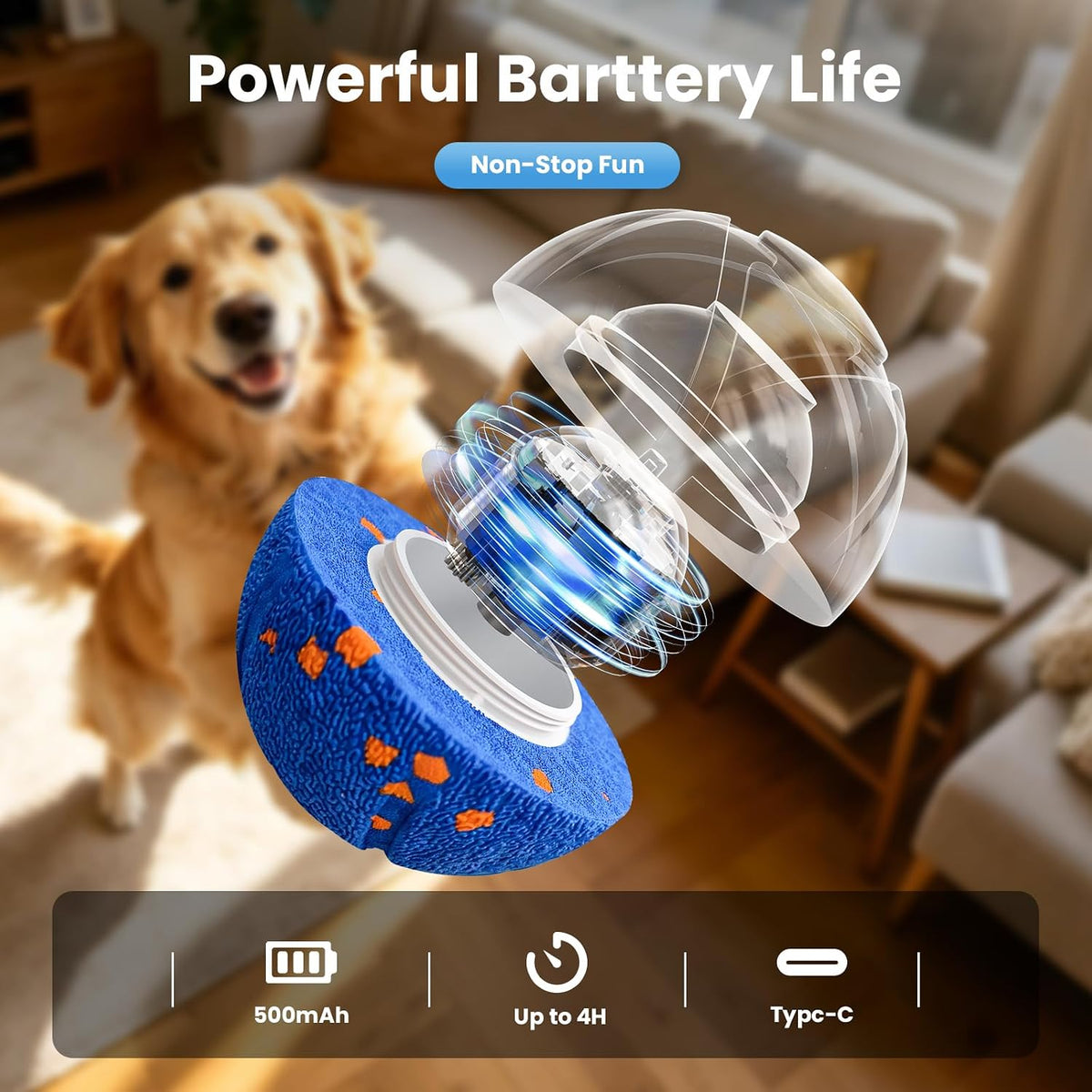 Smart - Pelota interactiva de juguetes para perros, bola de rebote y rodamiento automático, material de E-TPU resistente a las masticaciones, 3 modos interactivos, IPX7 impermeable