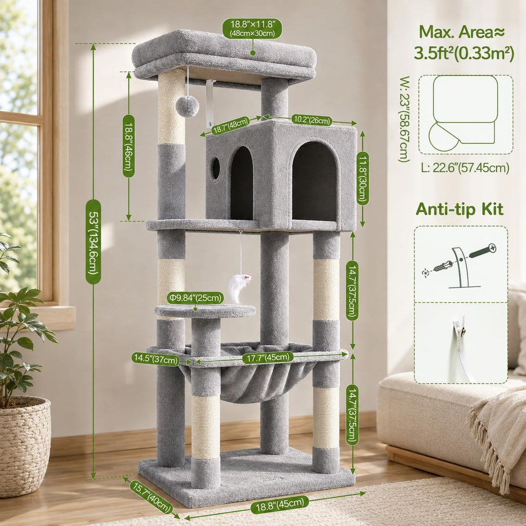 Globlazer - Árbol para gatos con torre y poste para rascar para gatos de interior, de 53 pulgadas de altura; casa de gatos de varios niveles de felpa con hamaca grande, cueva espaciosa para gatos