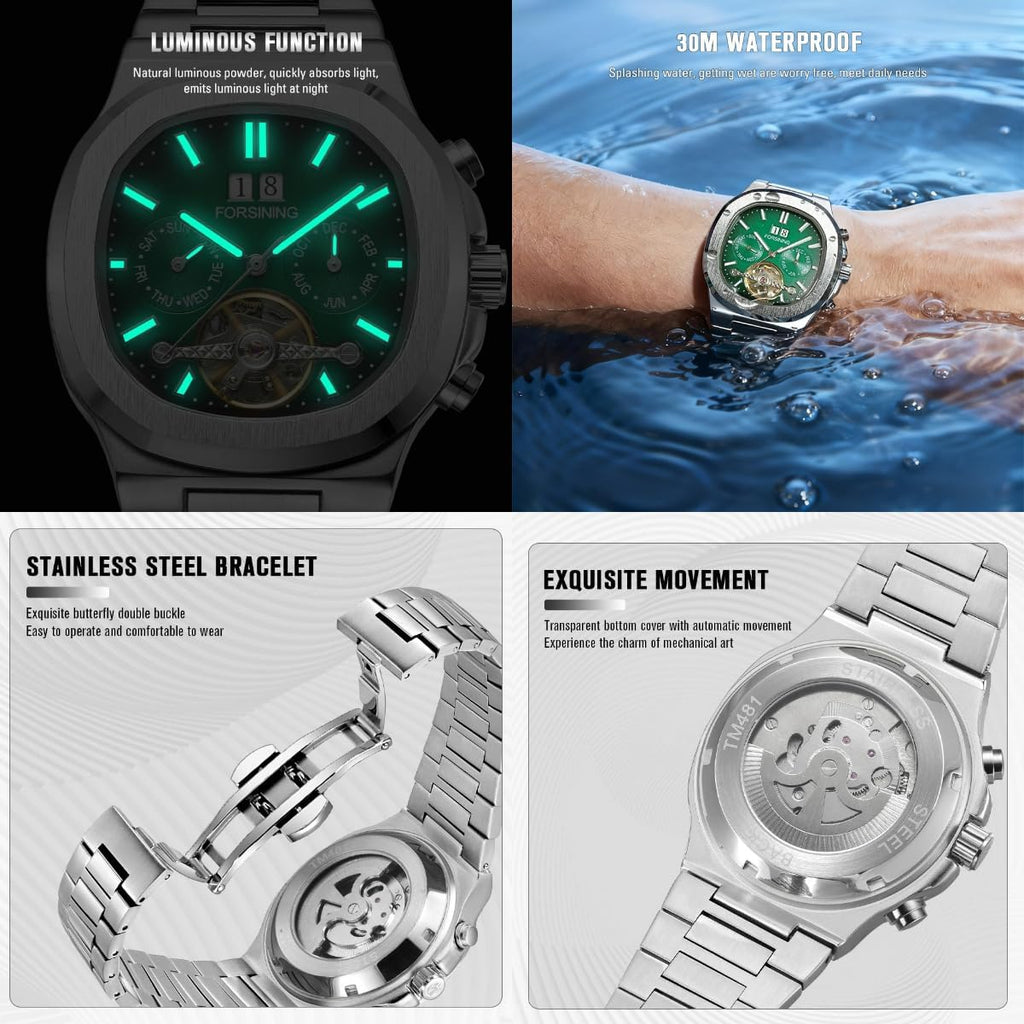 FORSINING Reloj mecánico automático para hombre, caja cuadrada clásica, esfera Tourbillon, multifuncional (fecha/semana/mes) reloj de pulsera casual de negocios con acero inoxidable Starp impermeable