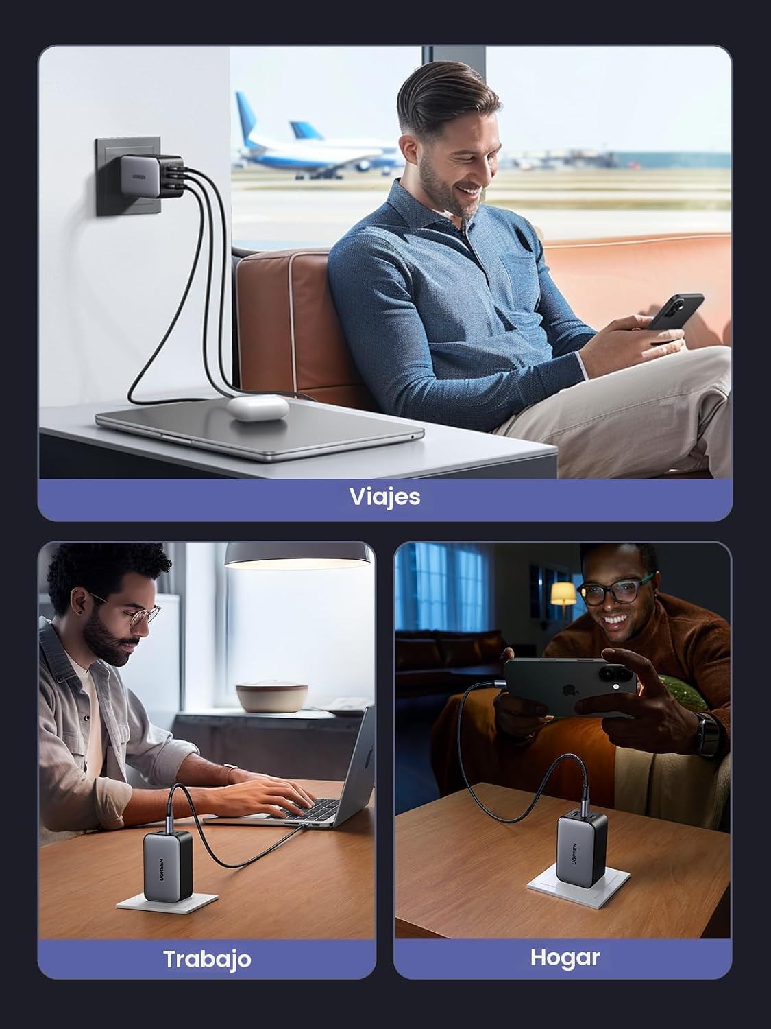 UGREEN Nexode 65 W USB C cargador bloque, cargador de pared de 3 puertos de