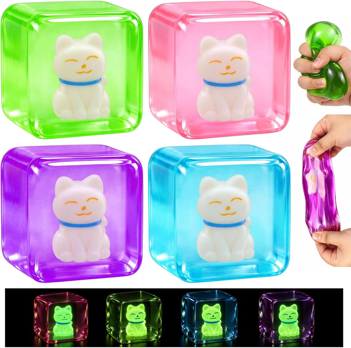 4 juguetes esponjosos de Halloween, cubo de burbujas para apretar, bola antiestrés con gato que brilla en la oscuridad en el interior, juguetes sensoriales de levantamiento lento para niños