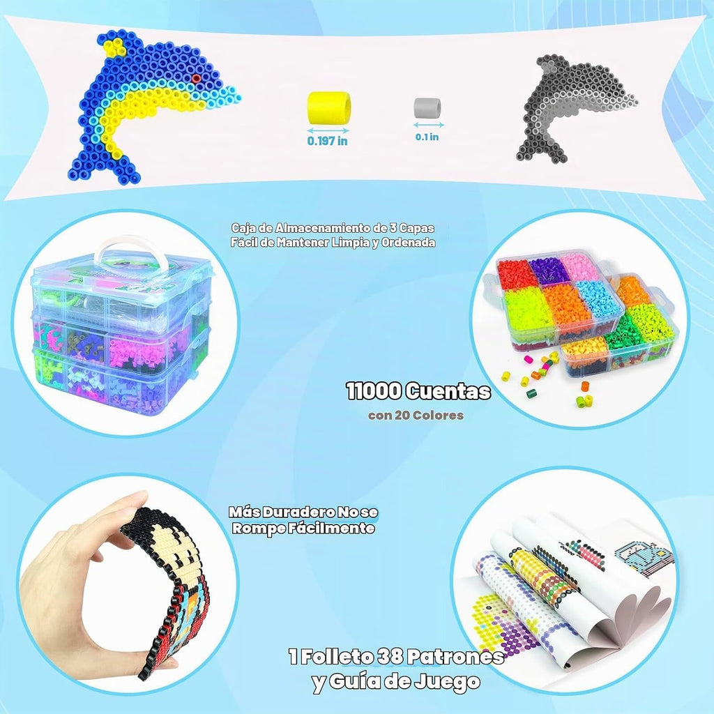 Kit de Cuentas Fusibles para Niños - 11000 Cuentas Fusibles, 20 Colores, 5mm, Juego de Manualidades con Caja de Almacenamiento, Tableros de Conexión, Papel de Planchado y Accesorios, Juguetes y