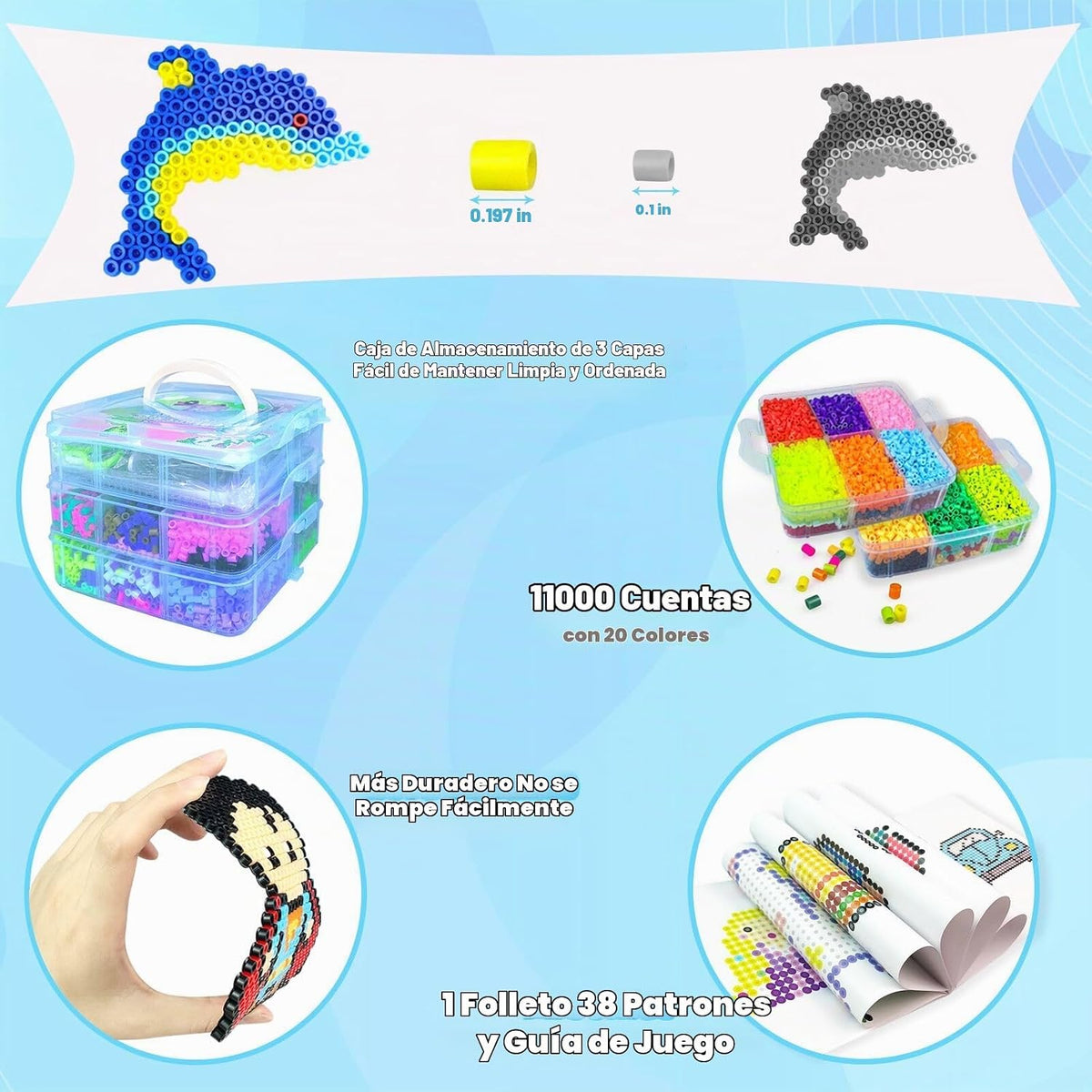 Kit de Cuentas Fusibles para Niños - 11000 Cuentas Fusibles, 20 Colores, 5mm, Juego de Manualidades con Caja de Almacenamiento, Tableros de Conexión, Papel de Planchado y Accesorios, Juguetes y