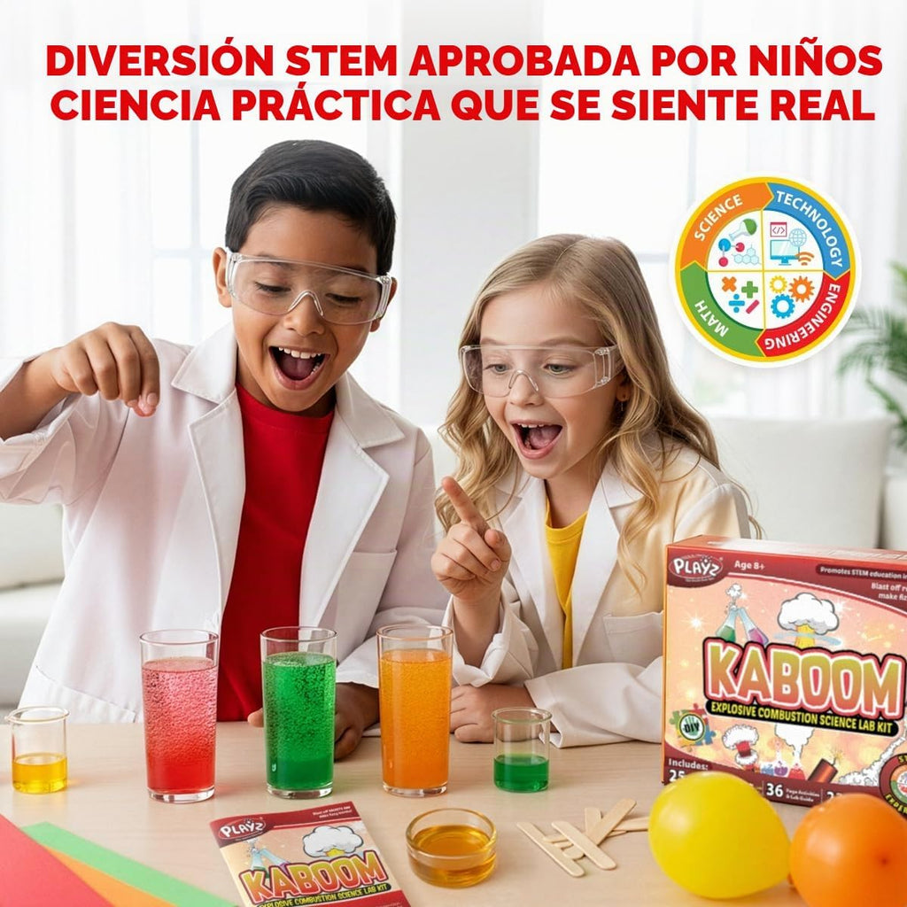 Playz Kaboom! Kit de más de 50 experimentos científicos explosivos para niños de 8 a 12 años con 25 experimentos de fichas de Playz Lab - Set de química STEM, juguetes educativos y regalos de
