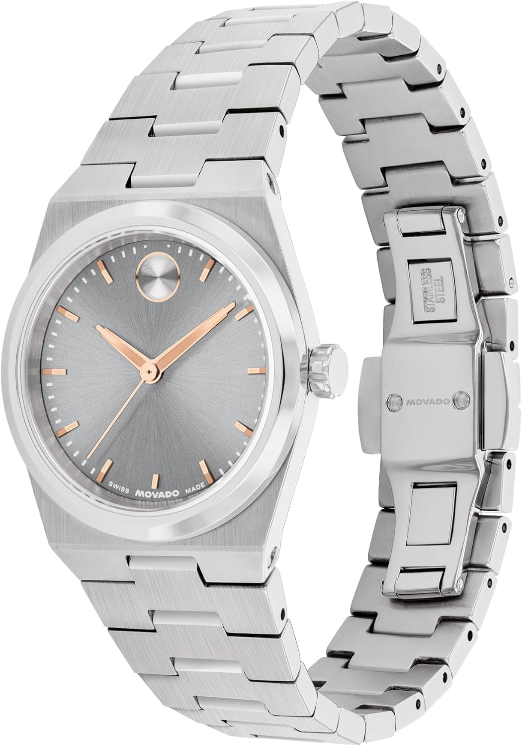 Movado Reloj Bold Quest Mini de 28mm para mujer, movimiento de cuarzo suizo, caja y brazalete de acero inoxidable, punto distintivo, pieza de lujo moderna y pequeña