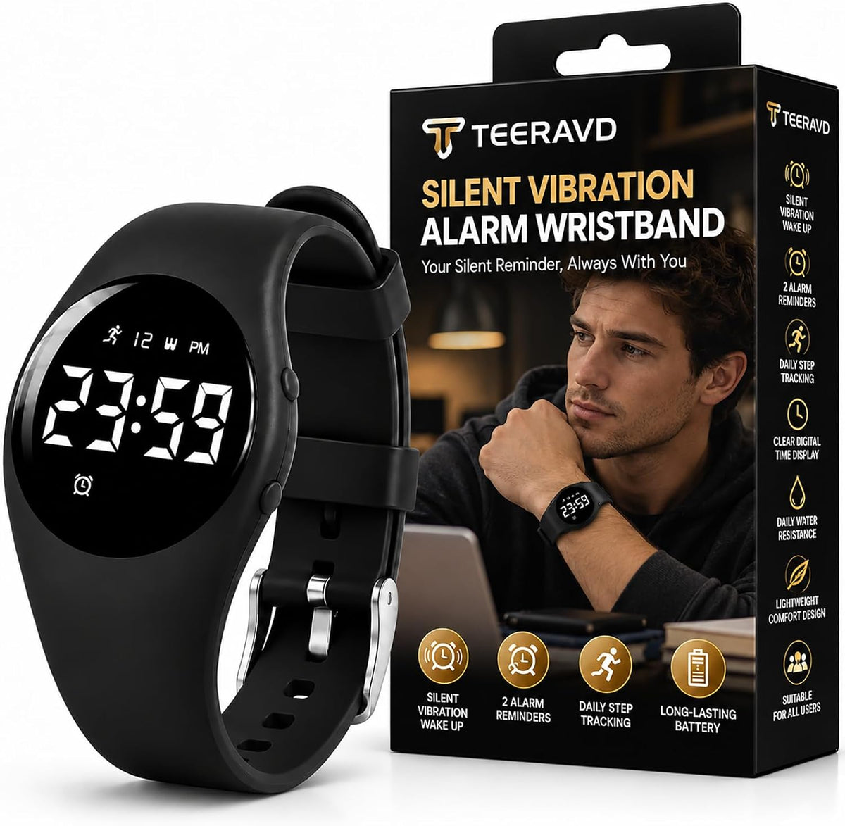 Reloj despertador para personas que duermen pesadas, pulsera vibratoria, reloj de despertador silencioso con rastreador de fitness, contador de pasos, cronómetro, cronómetro, resistente al