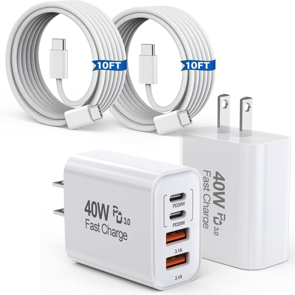 Cargador de 10 pies para iPhone 17, 16, 15 Pro, paquete de 2 cables tejidos USB C a C de 10 pies de 40 W, cargador de Apple de 4 puertos PD y CA, bloque de carga rápida para iPhone 17 Air/17 16 15 Pro Max/16e/16 Plus/15/15 Pro/iPad