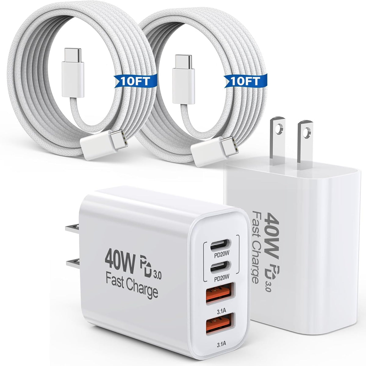 Cargador de 10 pies para iPhone 17, 16, 15 Pro, paquete de 2 cables tejidos USB C a C de 10 pies de 40 W, cargador de Apple de 4 puertos PD y CA, bloque de carga rápida para iPhone 17 Air/17 16 15 Pro Max/16e/16 Plus/15/15 Pro/iPad