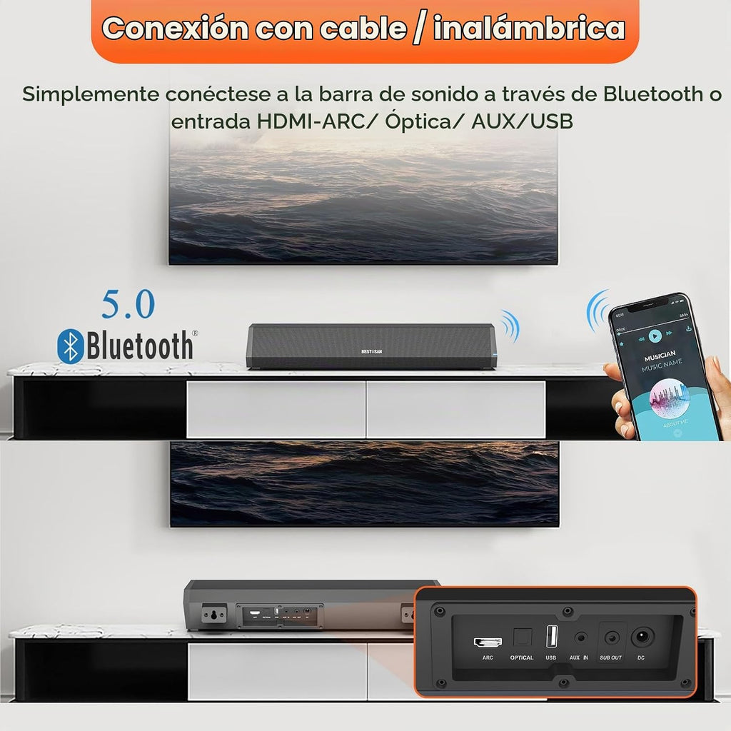 Barras de Sonido Bestisan para TV, Barra de Sonido Pequeña de 16'/50W para TV, Barra de Sonido con Profundidades de Sonido Mejoradas/DSP/Bass+/3EQ, Altavoces de Sonido Surround para TV Funciona con