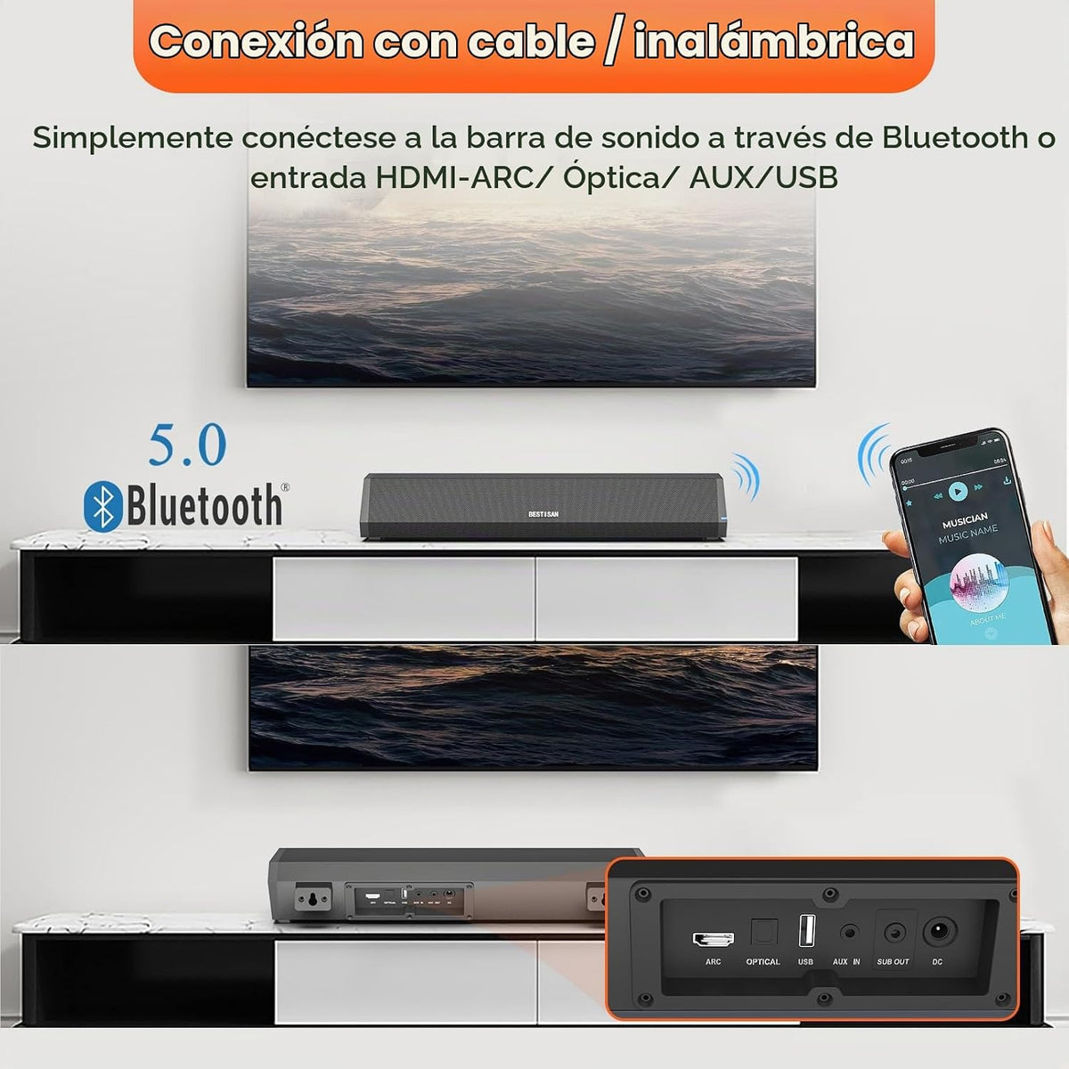 Barras de Sonido Bestisan para TV, Barra de Sonido Pequeña de 16'/50W para TV, Barra de Sonido con Profundidades de Sonido Mejoradas/DSP/Bass+/3EQ, Altavoces de Sonido Surround para TV Funciona con