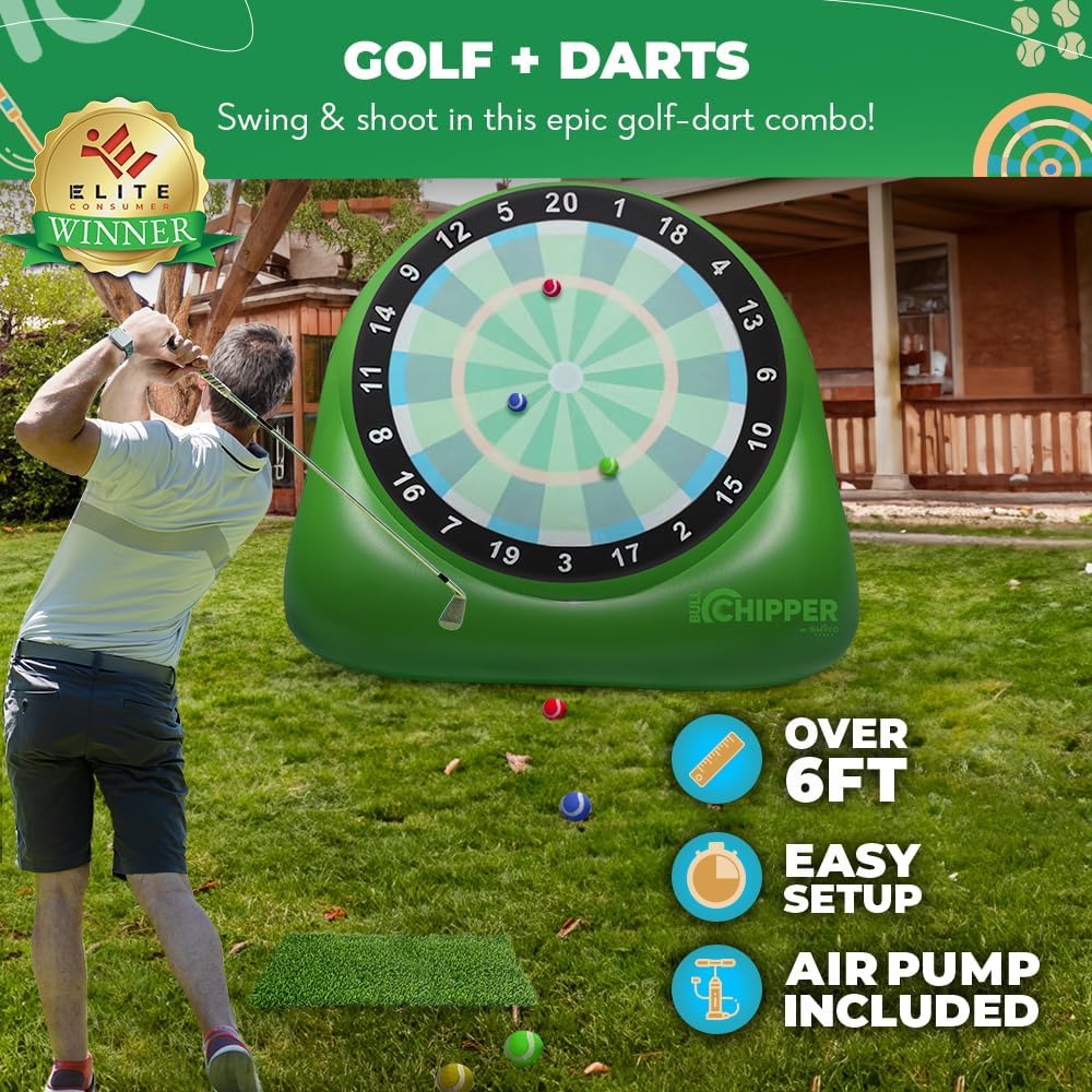 Swooc Games® - Bull Chipper™ | Dardos de golf gigantes (más de 6 pies de alto) con más de 10 juegos de golf | Juego de patio trasero con bomba de aire | Juego de patio para adultos | Diversión gigante