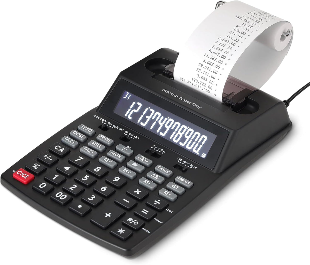 Amazon Basics Calculadora de impresión con pantalla LCD de 12 dígitos, máquina de adición con impresión térmica para negocios e impuestos, escritorio, negro
