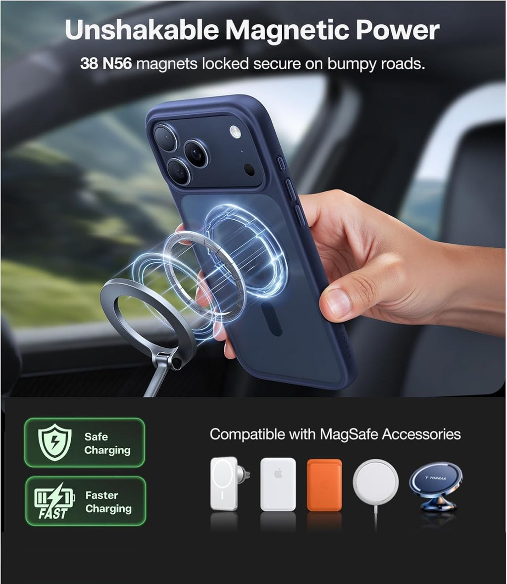 TORRAS Funda magnética a prueba de golpes para iPhone 17 Pro, azul, control
