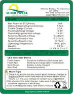 SUNER POWER 20 W 12 V Cargador y mantenedor de batería solar, controlador de carga inteligente MPPT incorporado, soporte de montaje ajustable, kits de panel solar impermeables de 20 vatios para