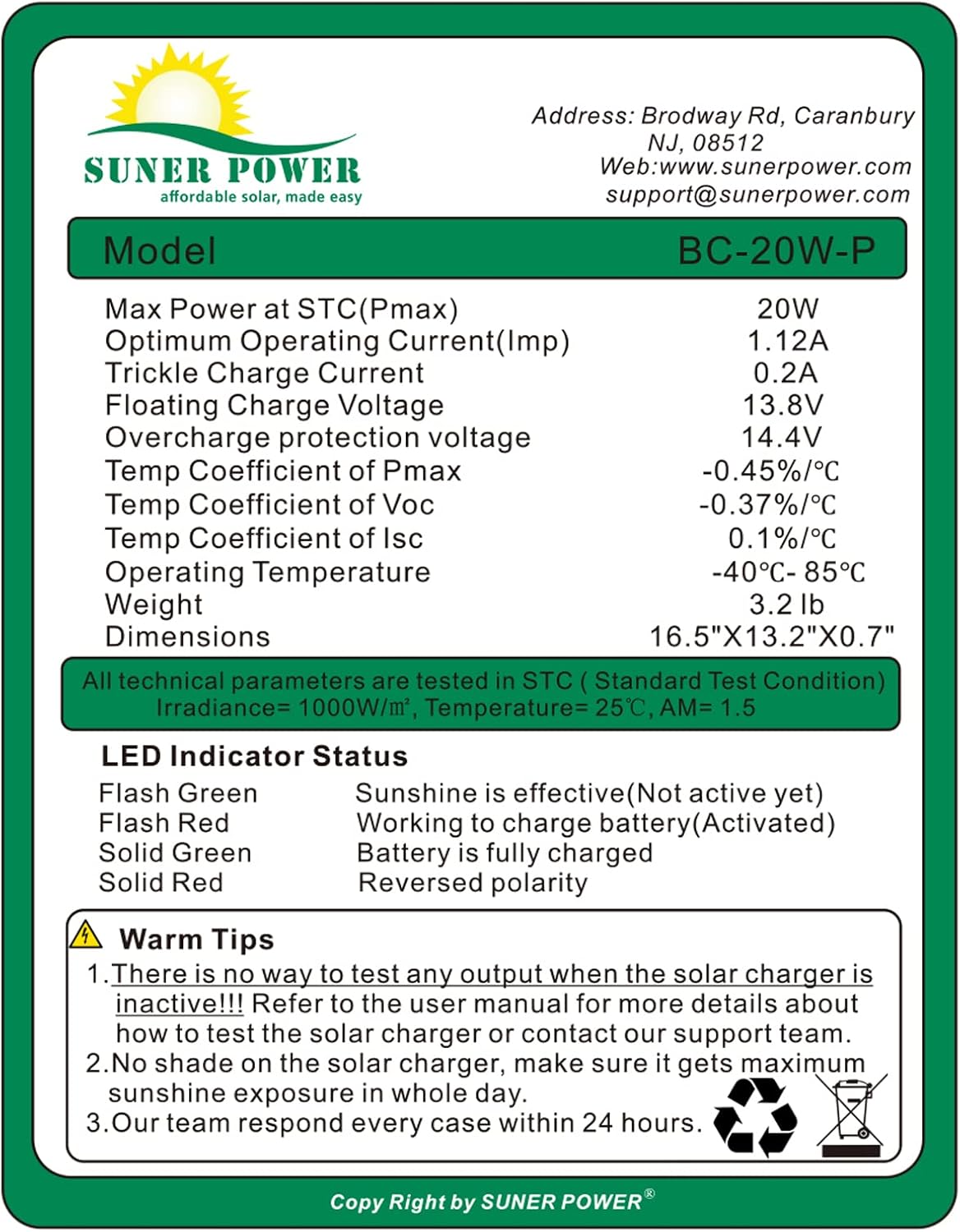 SUNER POWER 20 W 12 V Cargador y mantenedor de batería solar, controlador de carga inteligente MPPT incorporado, soporte de montaje ajustable, kits de panel solar impermeables de 20 vatios para