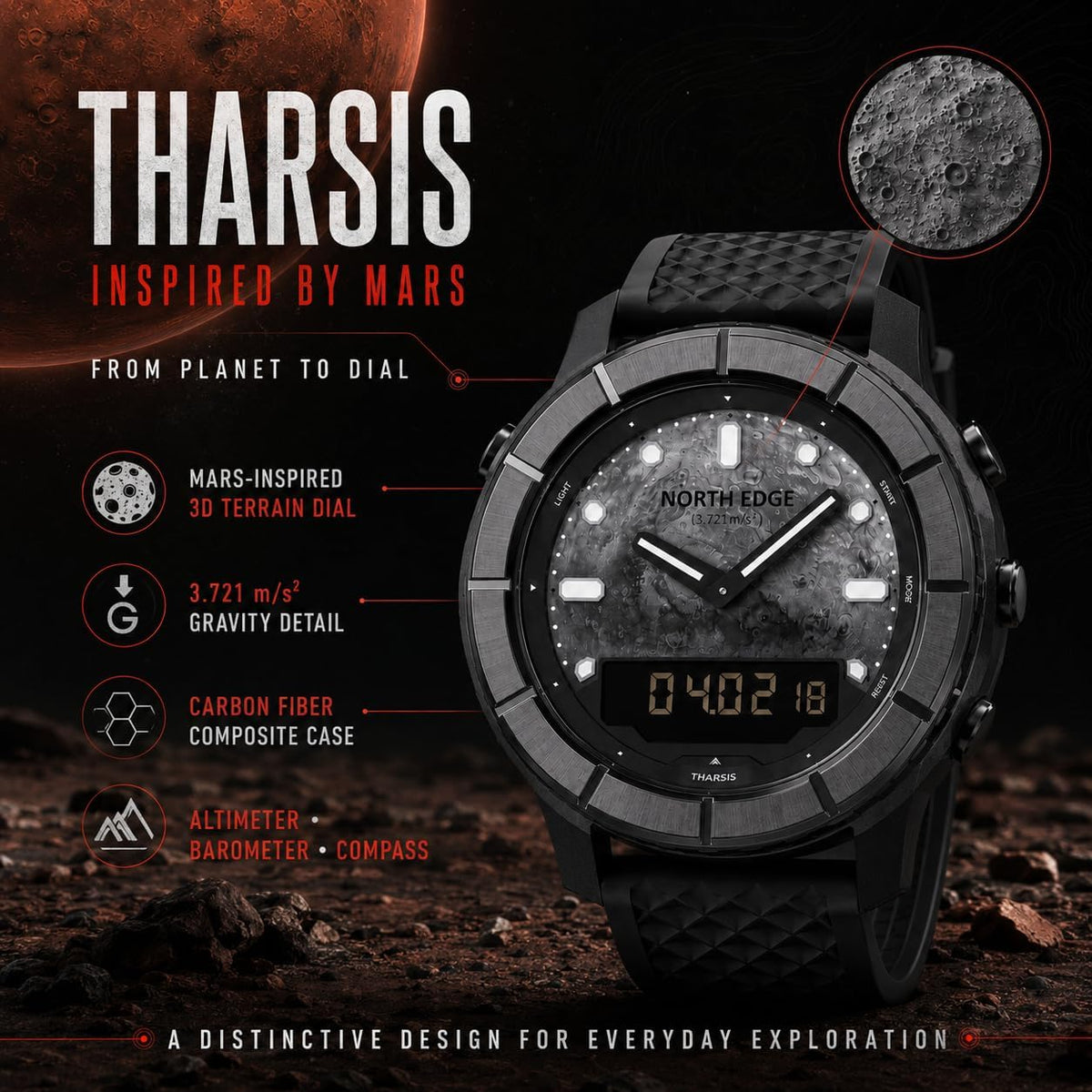 NORTH EDGE Tharsis - Reloj analógico digital para exteriores para hombre