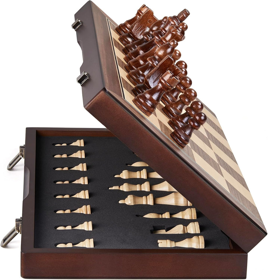 AMEROUS - Juego de ajedrez magnético de madera de 15 pulgadas para adultos y niños - con tablero plegable, paquete de regalo, ranuras de almacenamiento para piezas, piezas hechas a mano, juego de mesa