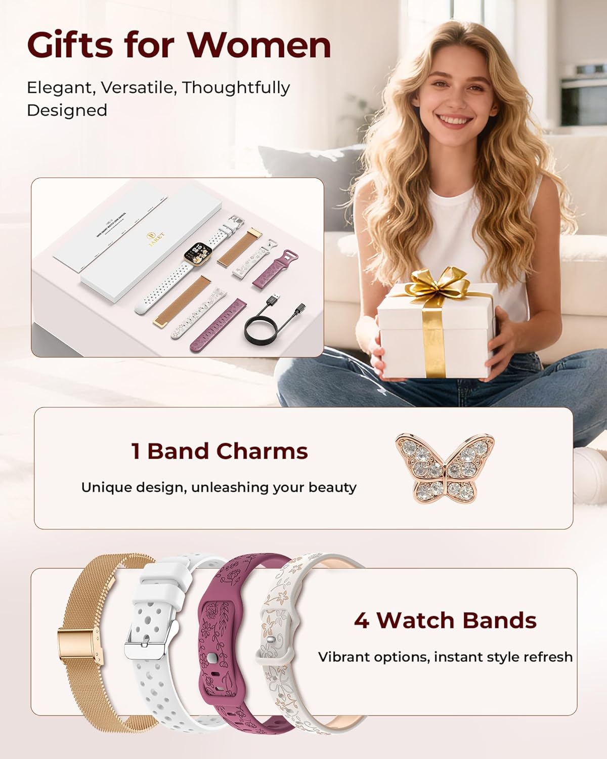 Iaret Reloj inteligente para mujer, juego de regalo de 4 bandas y encanto, rastreador de fitness HD de 1.75 pulgadas con llamadas Bluetooth, monitor de sueño SpO2 de frecuencia cardíaca, más de 120