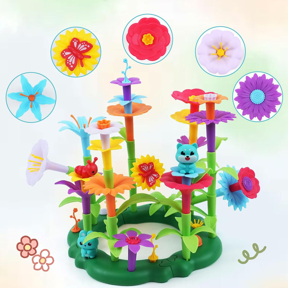 Juguete de construcción de jardín de flores para niñas, regalos de cumpleaños para niños preescolares de 3 a 5 a 7 años, juego educativo STEM con 140 piezas, kit de jardinería apilable para