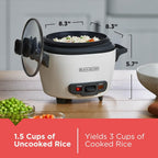 BLACK+DECKER Arrocera de 3 tazas, RC503, 1.5 tazas de arroz crudo, cesta de vapor, cuenco antiadherente extraíble, un toque, blanco
