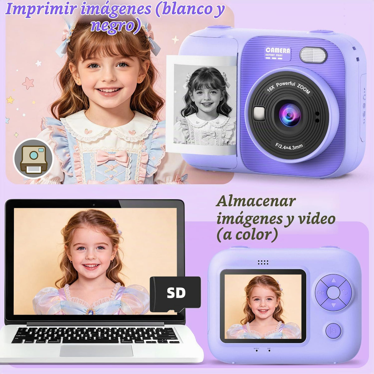 Cámara de impresión instantánea para niños con 5 rollos de papel de impresión, cámara HD 1080P, cámara portátil recargable para selfies, regalos de cumpleaños de Navidad, juguetes para niños y niñas