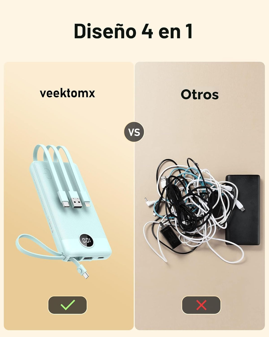 VEEKTOMX Cargador portátil con cables integrados, banco de energía...