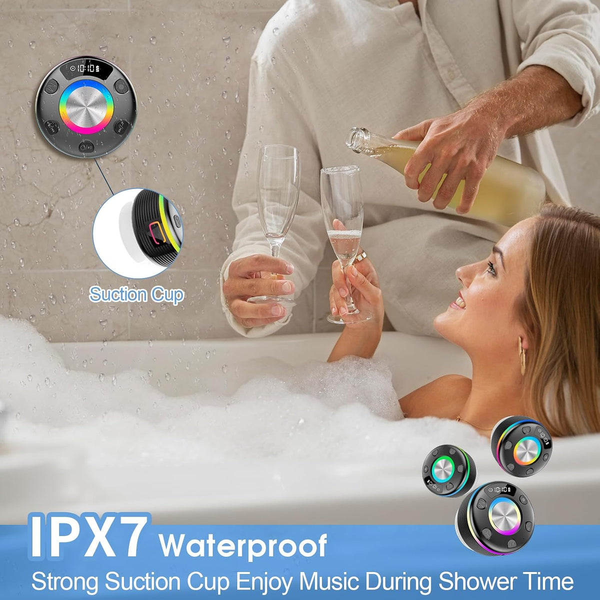 OYIB Altavoz de ducha Bluetooth, altavoz portátil IPX7, sonido HD de 360°