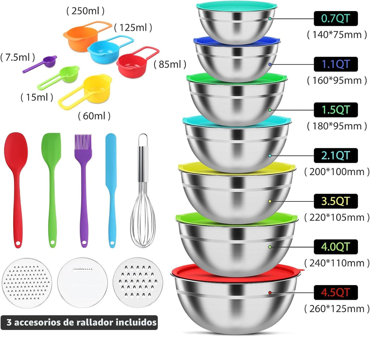 Juego de cuencos de acero inoxidable con tapas y 3 accesorios para rallar