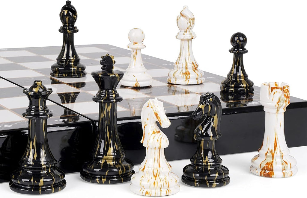 Juego de ajedrez grande de 15 pulgadas para adultos con piezas de ajedrez acrílicas con peso, Rey de 3.5 pulgadas y tablero de ajedrez de madera plegable portátil con veteado de mármol, juegos de