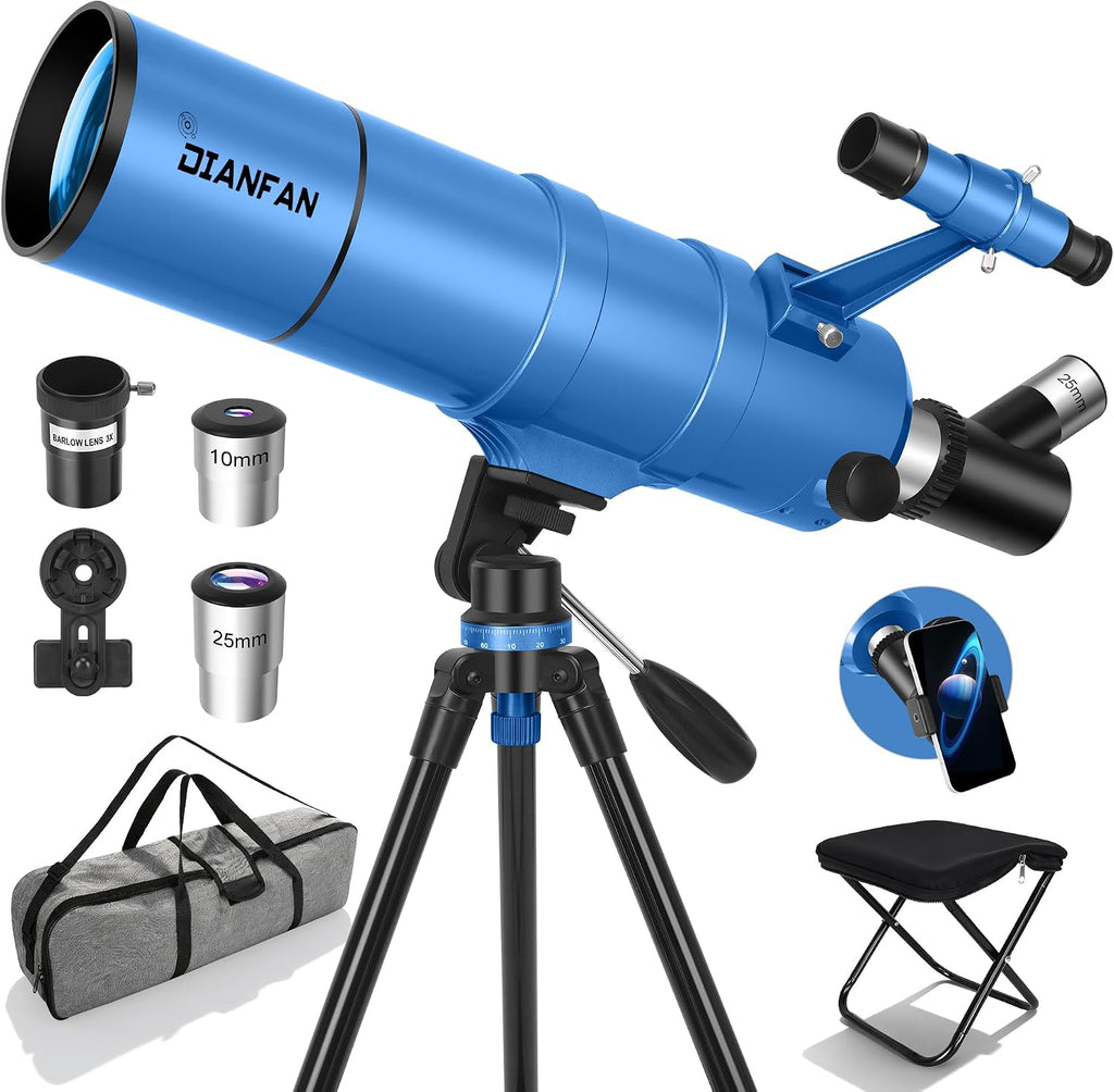 Telescopio para niños y adultos, 3.543 in de apertura, 21.654 in, telescopio astronómico profesional para adultos de alta potencia, telescopios de viaje portátiles para principiantes con trípode y adaptador, bolsa, taburete plegable