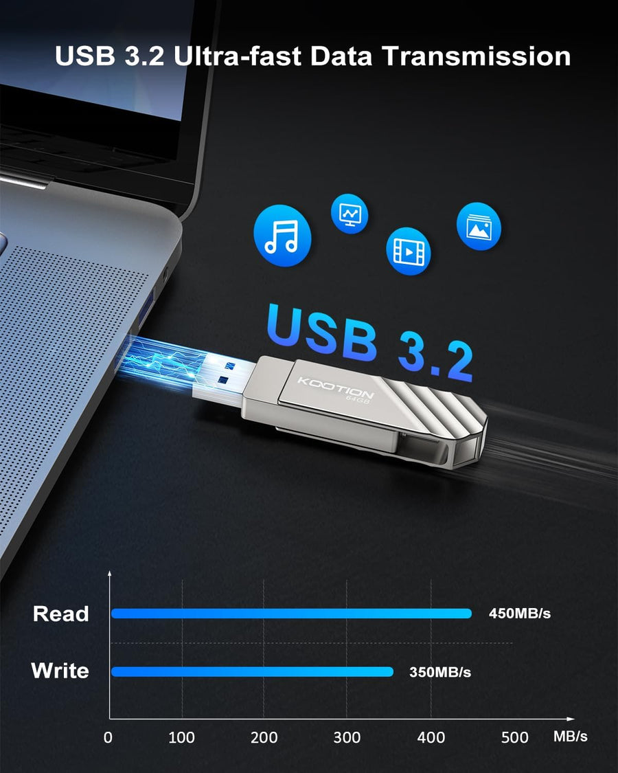 KOOTION Unidad flash USB 3.2 de 64 GB, velocidad de lectura de hast...