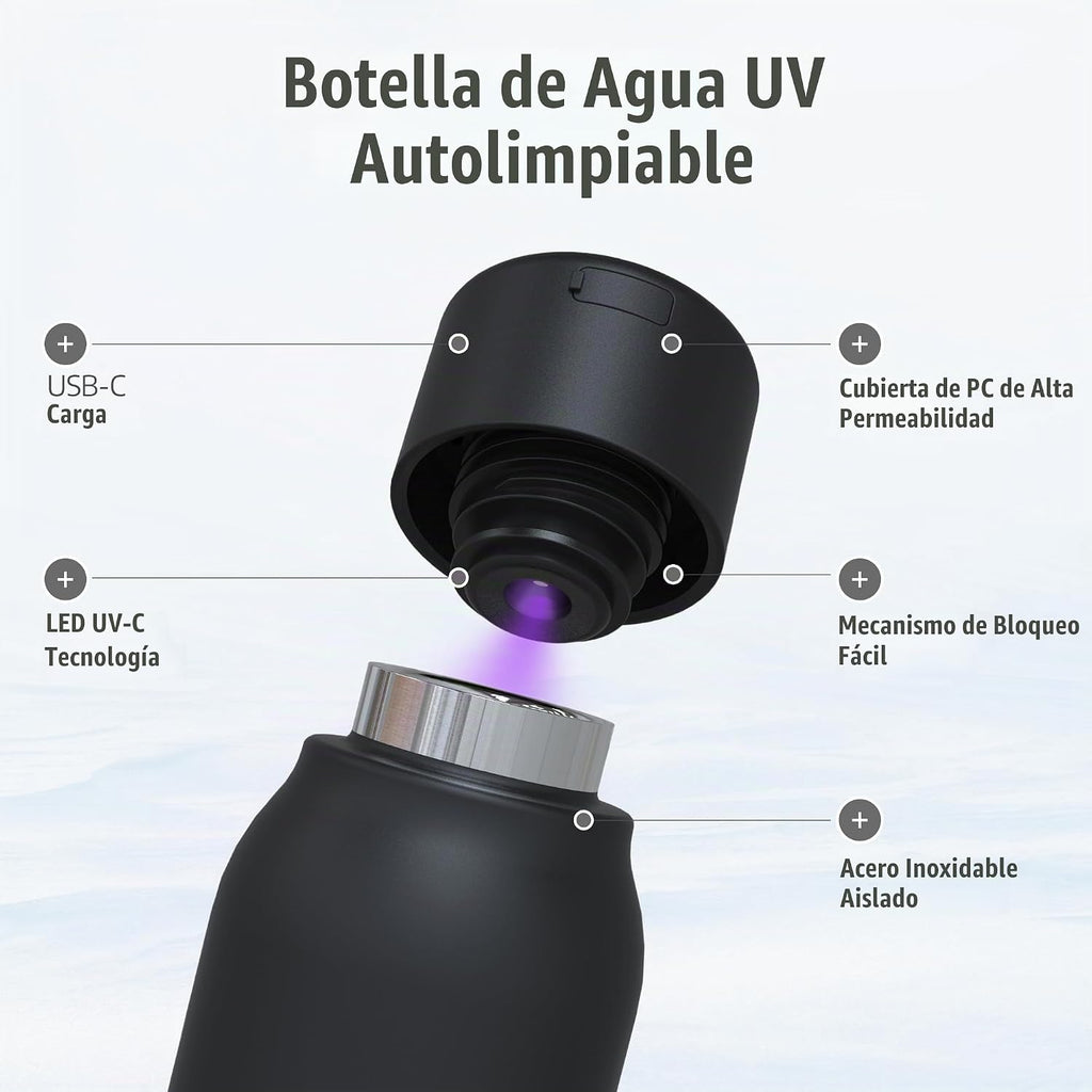 UVBRITE Botella UV autolimpiante y purificadora de agua TT-B02-Vaso de acero inoxidable recargable aislado de 18.6 onzas con bloqueo de seguridad que evita la exposición accidental, ideal para uso al