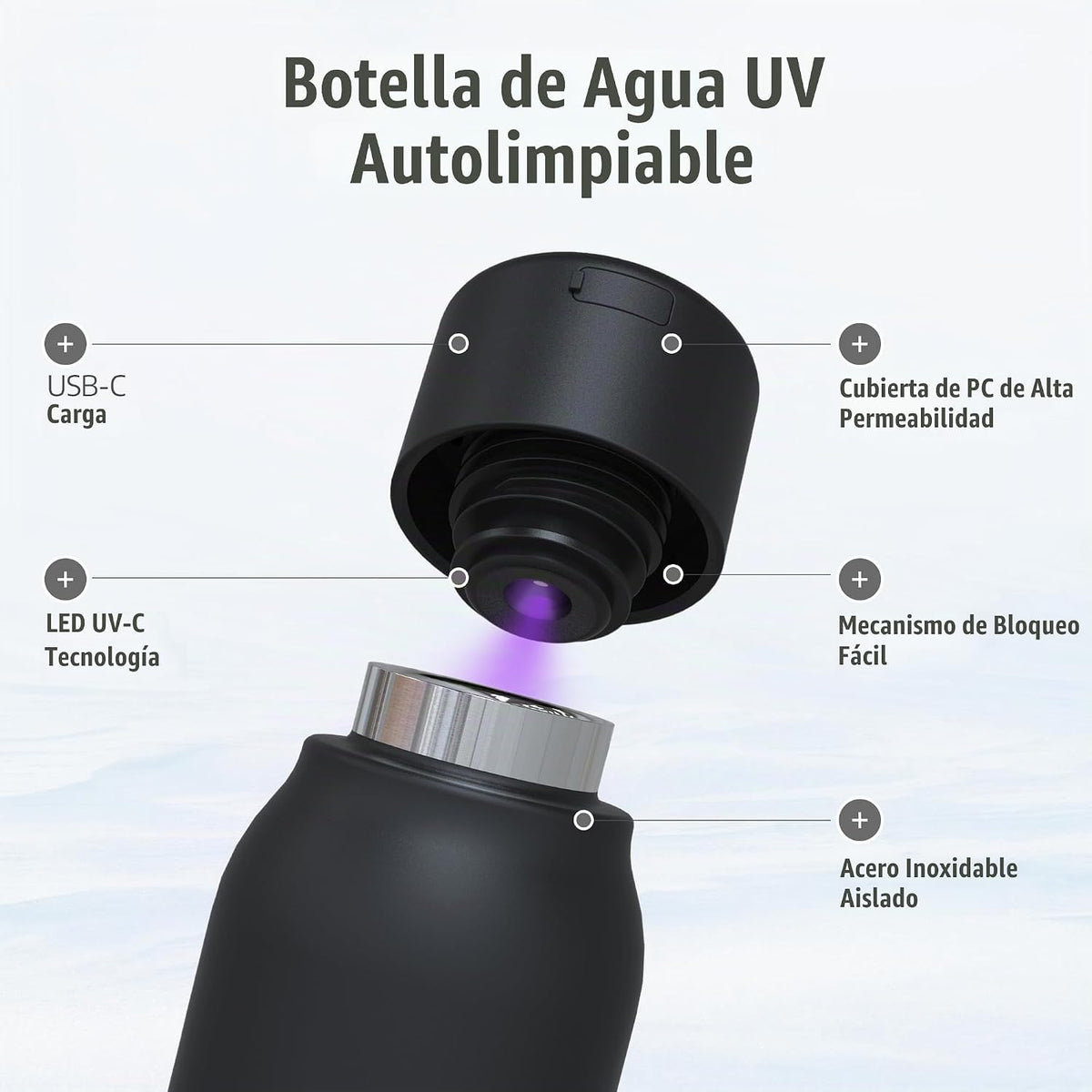 UVBRITE Botella UV autolimpiante y purificadora de agua TT-B02-Vaso de acero inoxidable recargable aislado de 18.6 onzas con bloqueo de seguridad que evita la exposición accidental, ideal para uso al