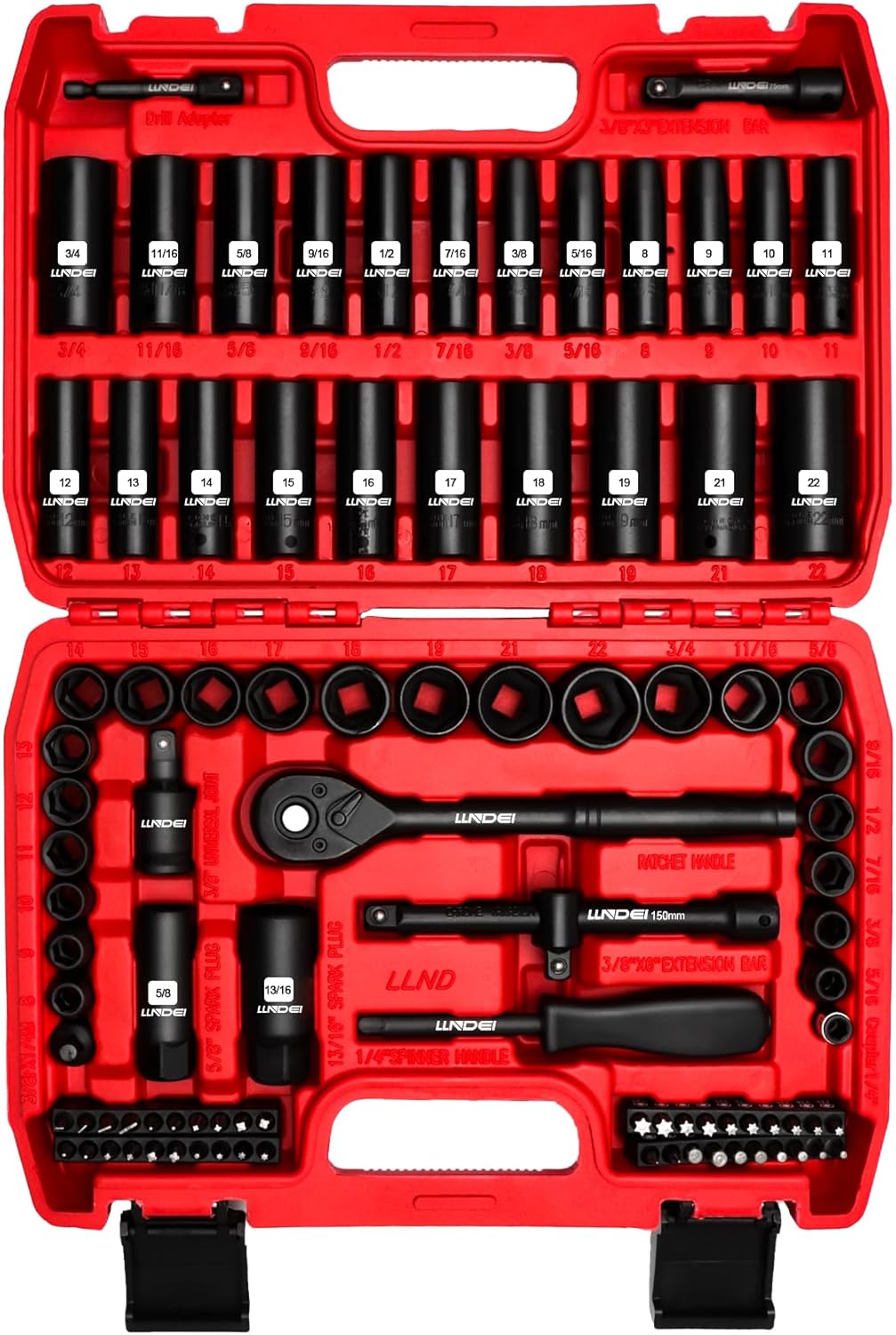 Juego de llaves de impacto de 3/8", SAE estándar (5/16 a 3/4-pulgada) Tamaño métrico (8-22mm), 95 piezas, kit profundo y poco profundo de acero CR-V, adaptadores, mango de trinquete, juego de
