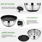 P&P CHEF - Juego de cuencos de mezcla con tapa, 5 piezas de cuencos de acero inoxidable para anidación y almacenamiento de ensaladas, 3 accesorios para rallar y fondos antideslizantes, tamaño 1/1.5/2