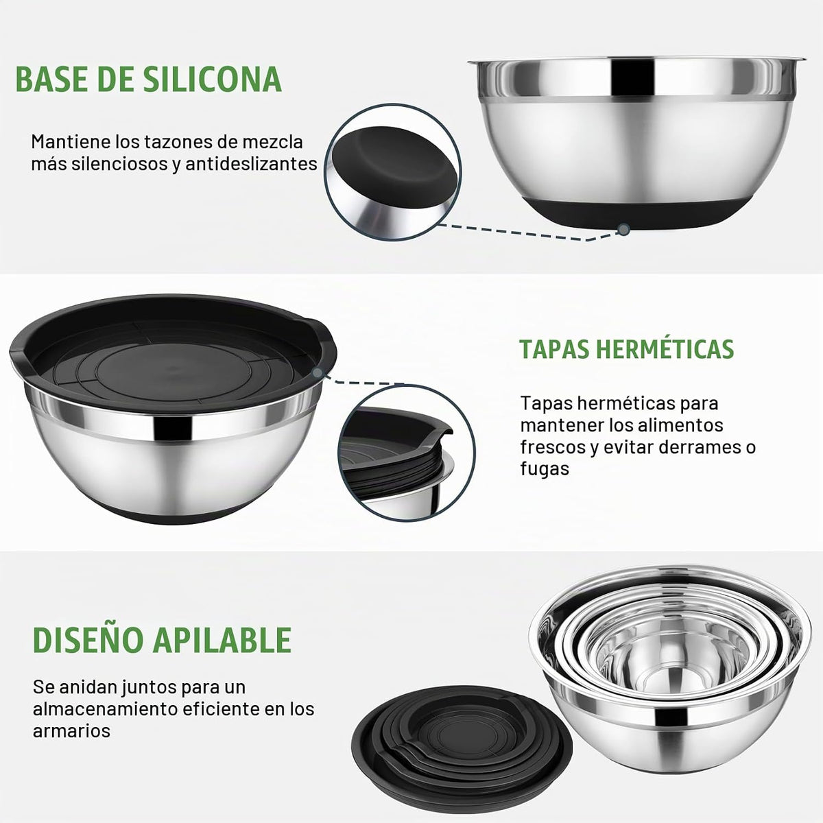 P&P CHEF - Juego de cuencos de mezcla con tapa, 5 piezas de cuencos de acero inoxidable para anidación y almacenamiento de ensaladas, 3 accesorios para rallar y fondos antideslizantes, tamaño 1/1.5/2