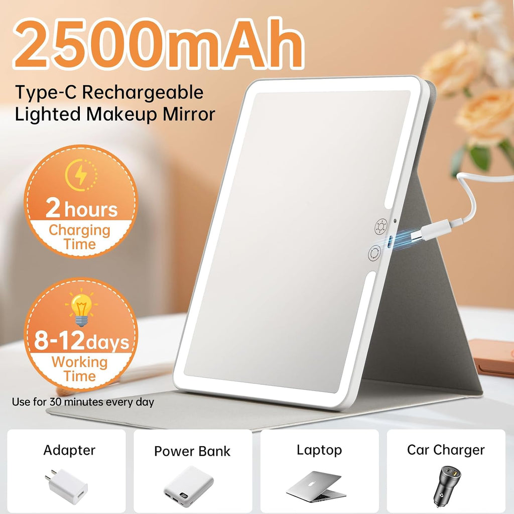 FUNTOUCH 2500mAh Espejo de maquillaje de viaje recargable grande con luz