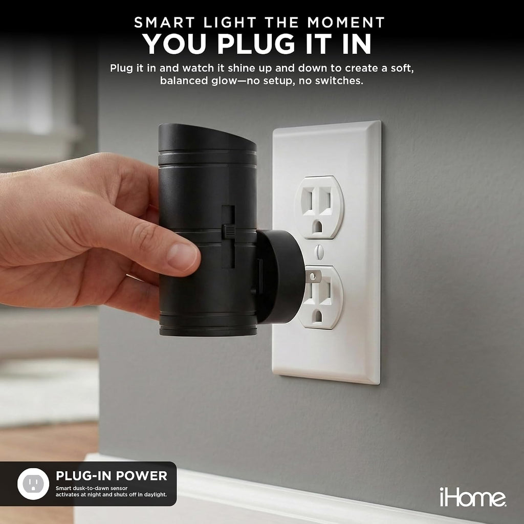 iHome Luz nocturna enchufable regulable bidireccional, brillo cálido, sensor inteligente, brillo ajustable