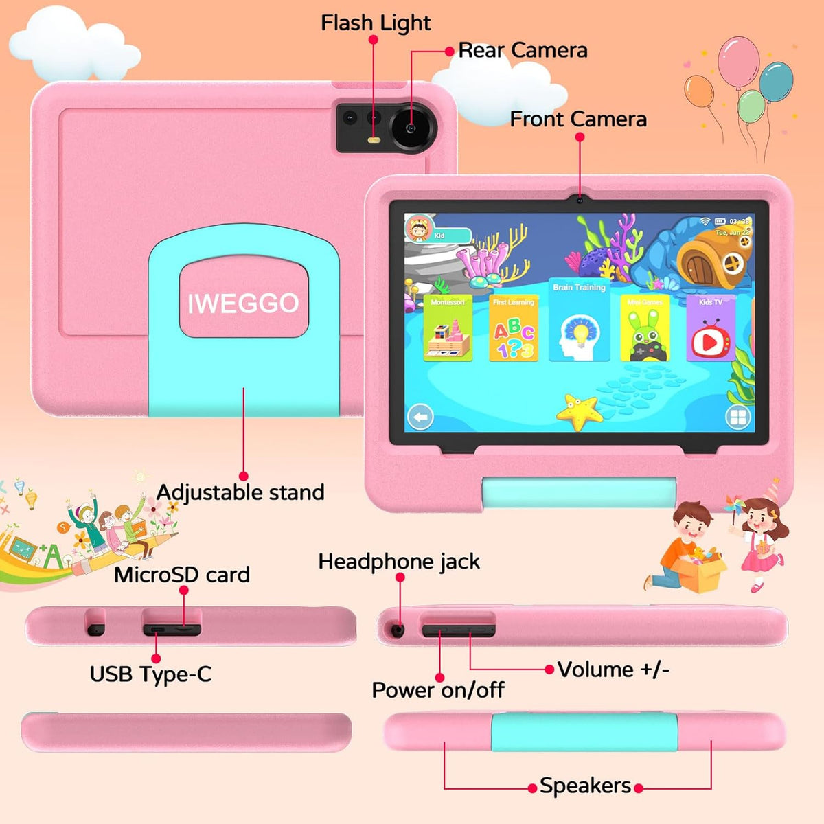 IWEGGO Tablet Android 15 para niños con estuche EVA, tablet de 10 pulgadas para niños, Rosa