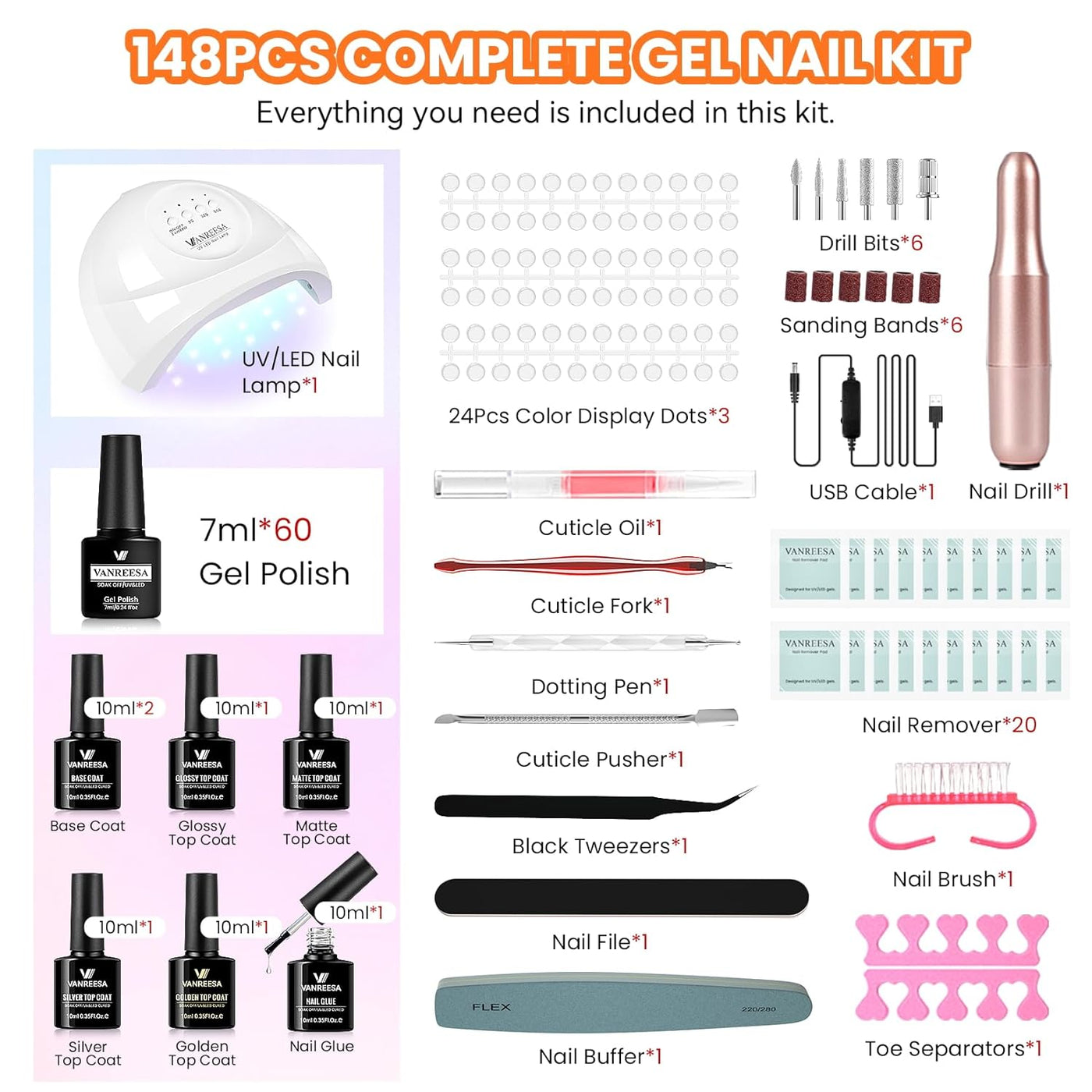 VANREESA Kit de 148 esmaltes de uñas de gel con puntas de uñas de a...