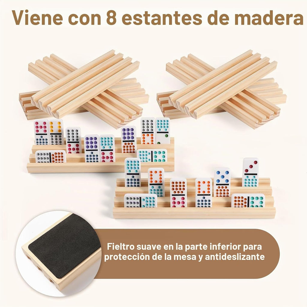 Juego de dominó de tren mexicano con 8 bandejas/estantes de madera, juego de dominó doble 15 para viajes con 8 porta fichas, juego de dominó de 136 fichas doble 15 de colores con estuche con