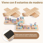 Juego de dominó de tren mexicano con 8 bandejas/estantes de madera, juego de dominó doble 15 para viajes con 8 porta fichas, juego de dominó de 136 fichas doble 15 de colores con estuche con