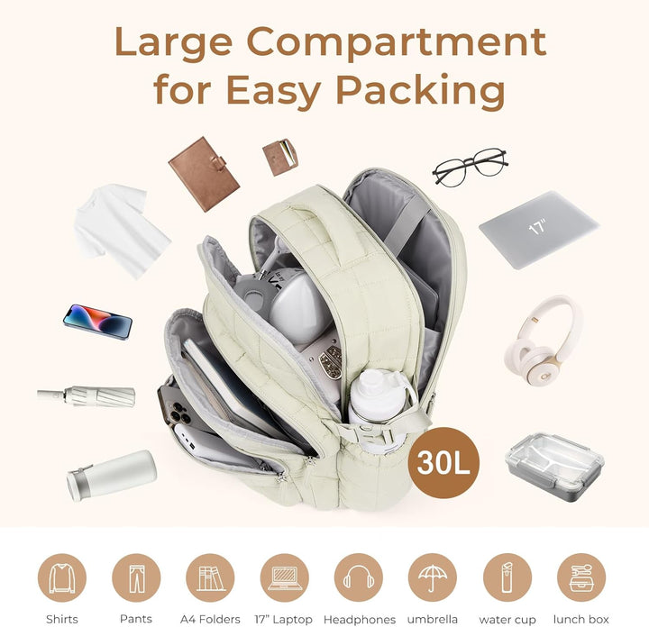 CLUCI Mochila acolchada hinchada para laptop para mujer, Blanco, Mo...