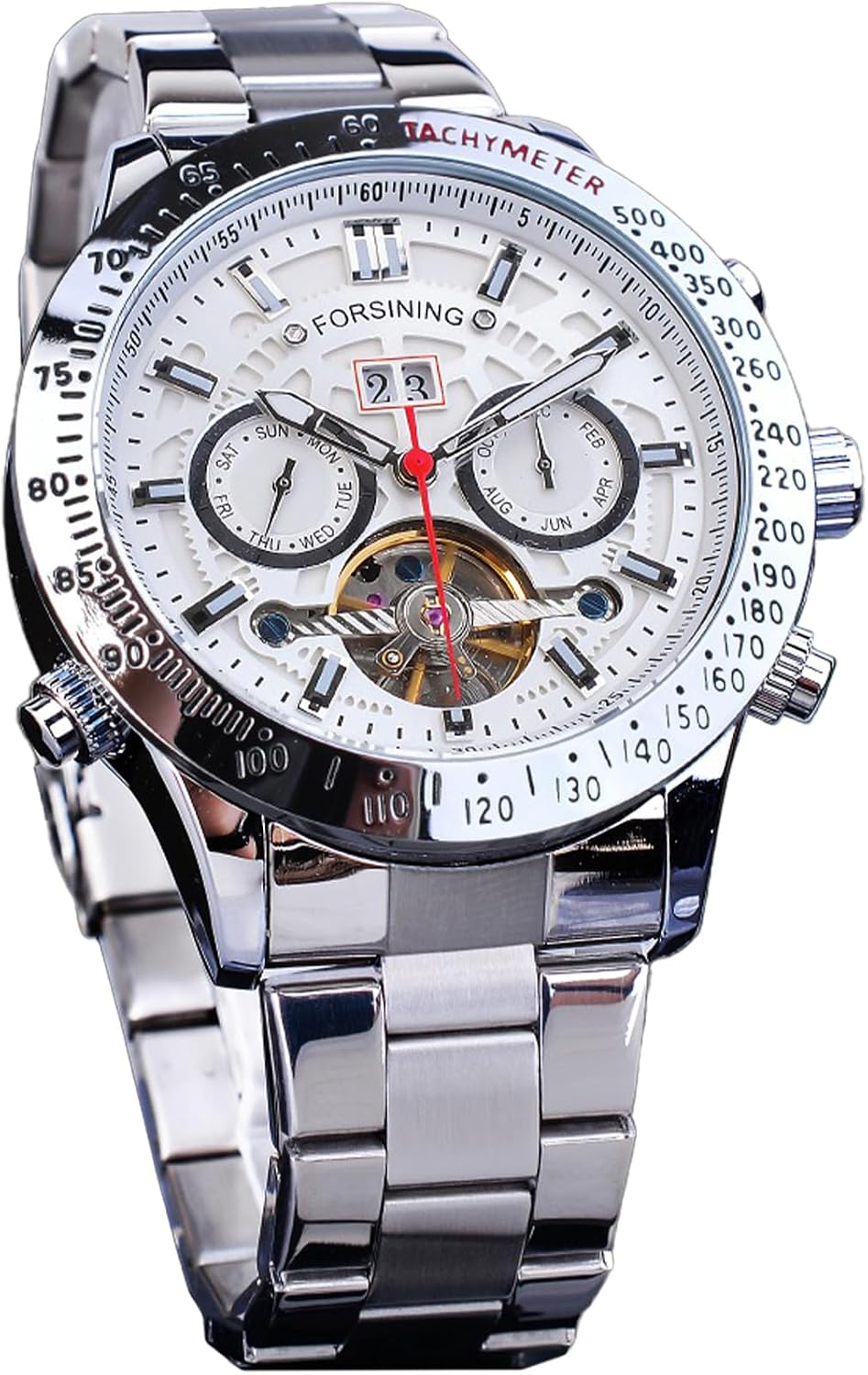 FORSINING Reloj Mecánico Tourbillon de Cuerda Automática para Hombre, Día Fecha Mes Calendario Completo, Taquímetro Luminoso Relojes Automáticos Multifuncionales, Reloj de Pulsera con Correa de Acero