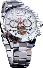 FORSINING Reloj Mecánico Tourbillon de Cuerda Automática para Hombre, Día Fecha Mes Calendario Completo, Taquímetro Luminoso Relojes Automáticos Multifuncionales, Reloj de Pulsera con Correa de Acero