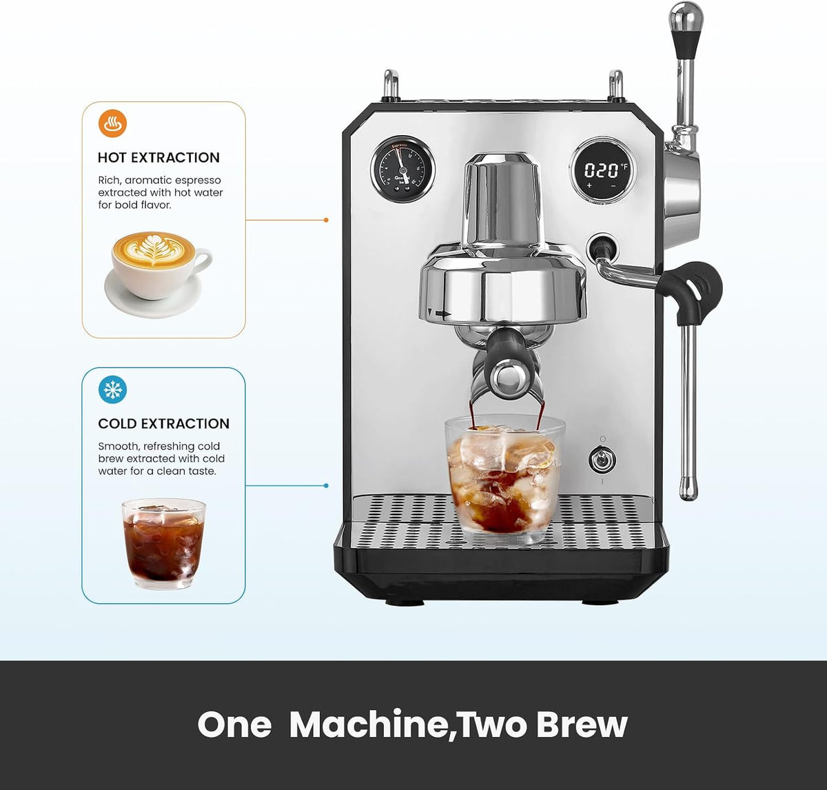 Gemilai G3006A Máquina de café expreso, máquina de café expreso de extracción en frío y caliente para el hogar, control y pantalla PID dual, bomba de 15 bares, programa de preparación ajustable