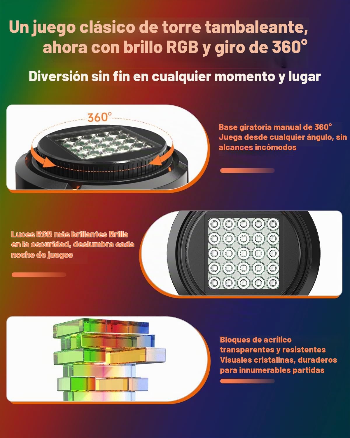 Juego de torre que brilla en la oscuridad, base giratoria y luces RGB para pastilla, bloque acrílico, apilamiento y equilibrio divertido para Kds y aduits, juego de mesa interior para noche de juegos