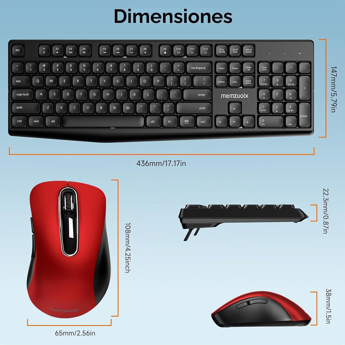 memzuoix Combo de teclado y mouse inalámbricos, juego ergonómico de...